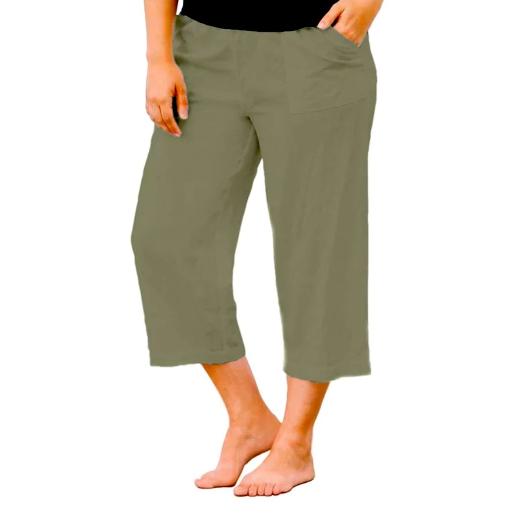 Ellos Pull On Linen Blend Capri Elastic Waist Drawstring Olive Green NWOT-34